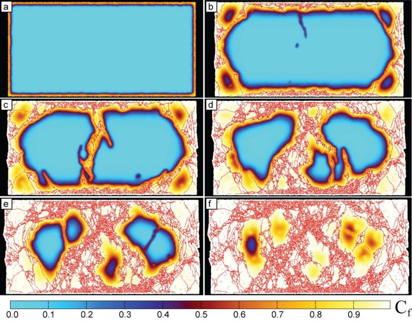 Her ser vi forvitring av en firkantet, blå stein på datamaskinen. Den sprekker og sprekker, og til slutt er det nesten ingenting igjen. 