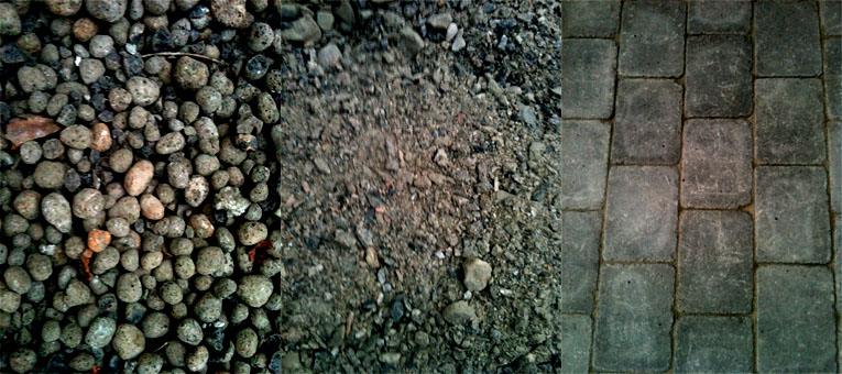 Lecakuler, sand (strengt tatt heter det subbus når den har så store korn i seg) og betongheller av typen Herregård (fint skal det være). 