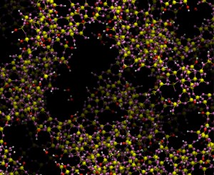 Dette bildet har jeg lånt fra Camilla Kirkemo, stipendiat ved Fysisk Institutt, som er ekspert på molekylærdynamikk - biljardkulemodeller av atomer. Bildet viser atomstrukturen i nanoporøst glass. Det er laget i Camilla sin datamaskin ved først å stille silisiumatomer (gule) og oksygenatomer (lilla) pent inntil hverandre i en krystall, la alle atomene bevege seg fortere og fortere til krystallen smelter, strekke den smeltede krystallen til det oppstår små bobler i den, og så kjøle det raskt ned - voila, et glass (fast stoff der atomene sitter hulter til bulter) med små nanohull. Glasset kan nå fylles med vann (her representert ved røde oksygener og hvite hydrogener) for å se hvordan vann oppfører seg når det har så liten plass å bevege seg på. 
